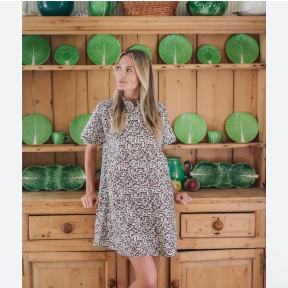 Printed Short Sleeve Mini Dress in Brown and Cream